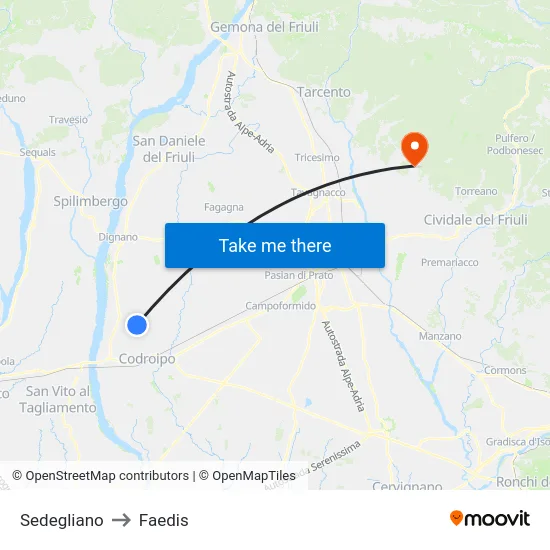 Sedegliano to Faedis map
