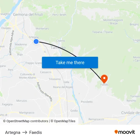 Artegna to Faedis map