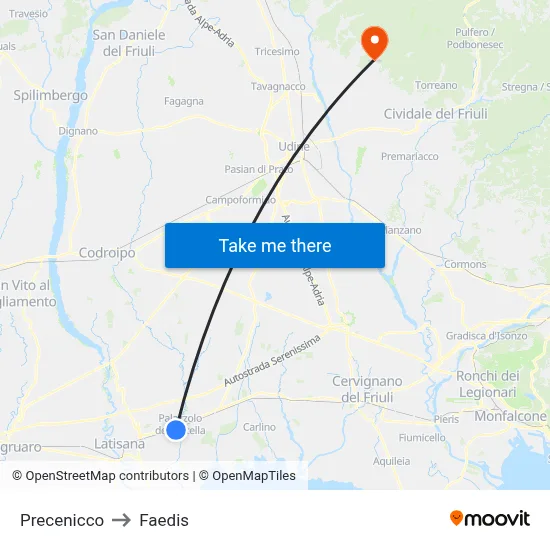 Precenicco to Faedis map