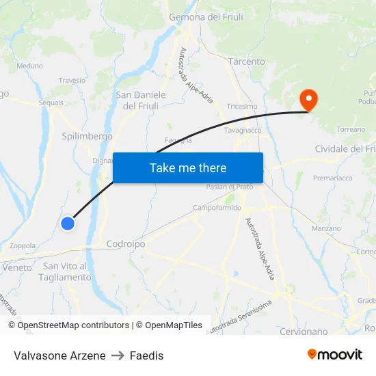 Valvasone Arzene to Faedis map