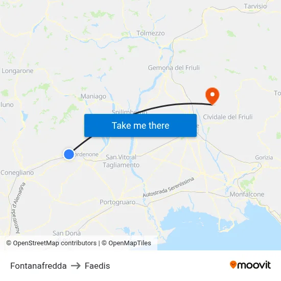 Fontanafredda to Faedis map