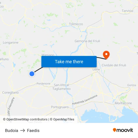 Budoia to Faedis map