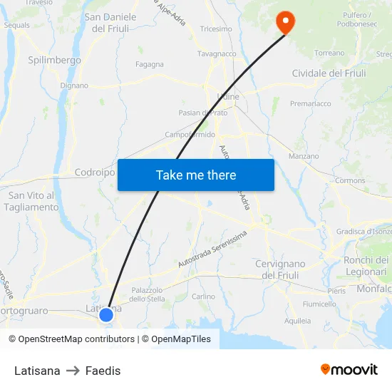Latisana to Faedis map