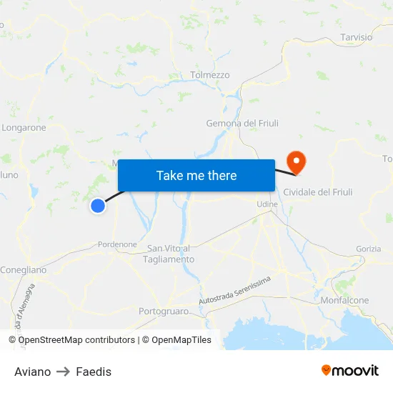 Aviano to Faedis map