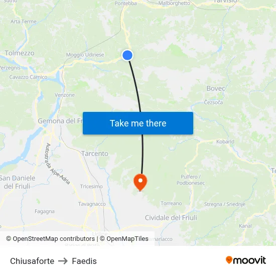 Chiusaforte to Faedis map