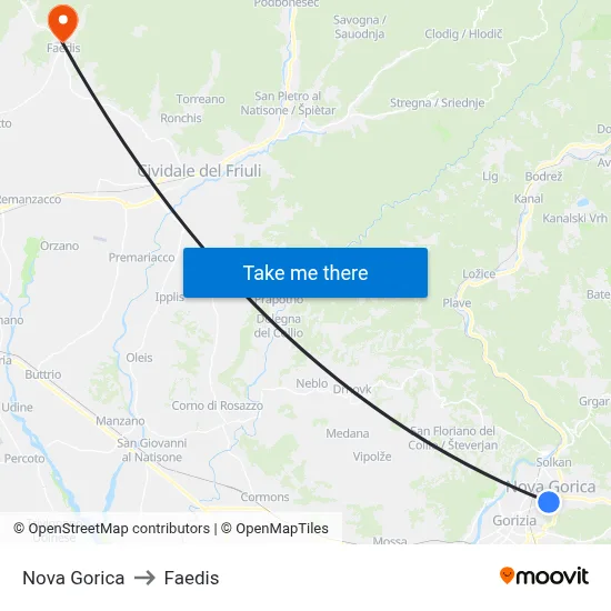 Nova Gorica to Faedis map