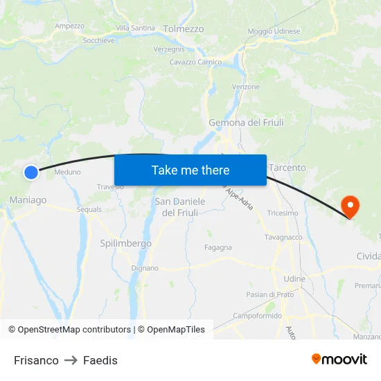 Frisanco to Faedis map