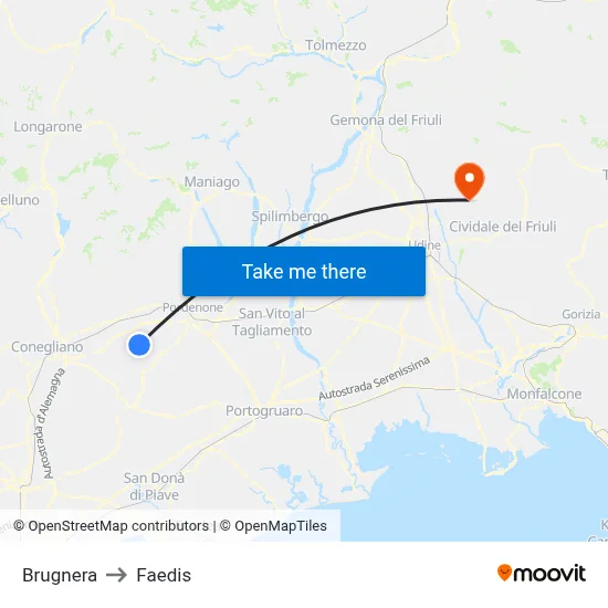 Brugnera to Faedis map
