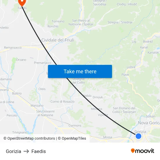 Gorizia to Faedis map