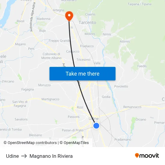 Udine to Magnano in Riviera map