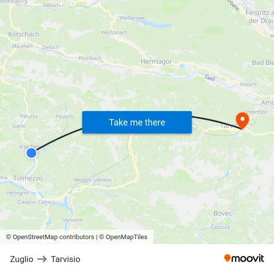Zuglio to Tarvisio map