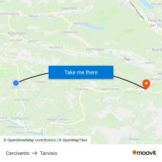 Cercivento to Tarvisio map