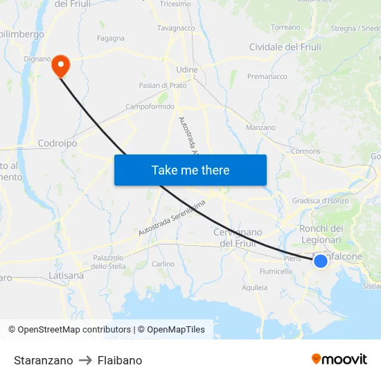 Staranzano to Flaibano map