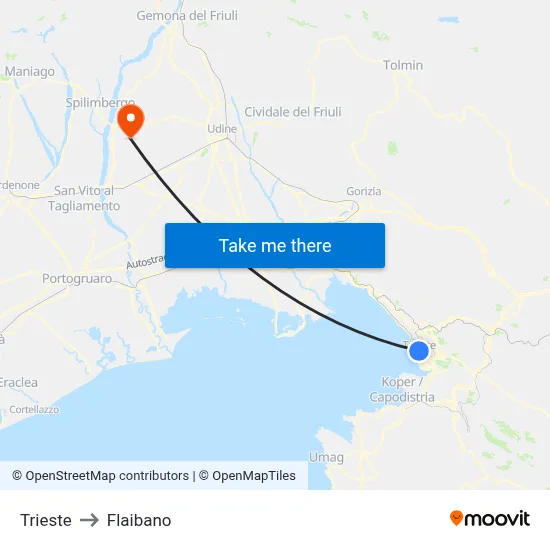 Trieste to Flaibano map