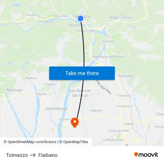 Tolmezzo to Flaibano map