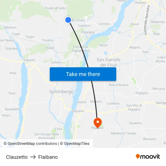 Clauzetto to Flaibano map