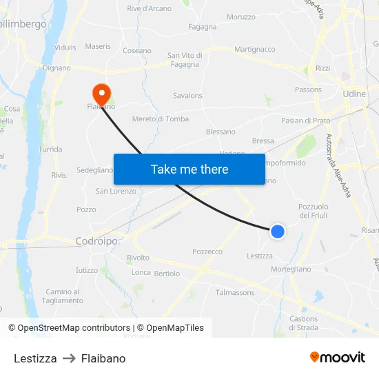 Lestizza to Flaibano map