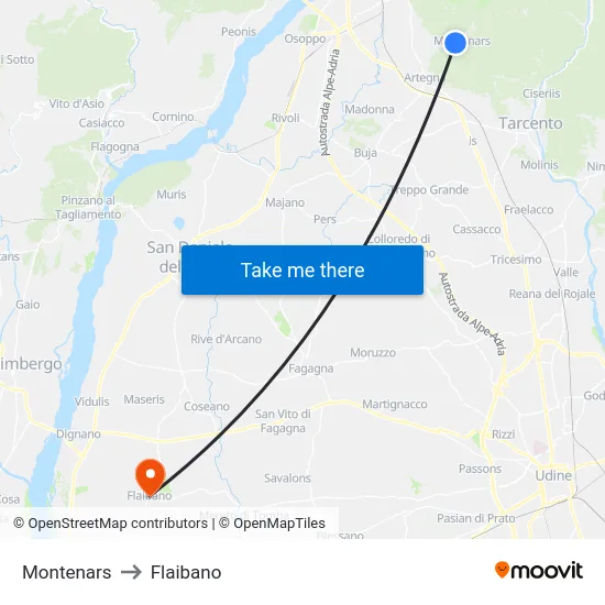 Montenars to Flaibano map