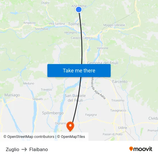 Zuglio to Flaibano map