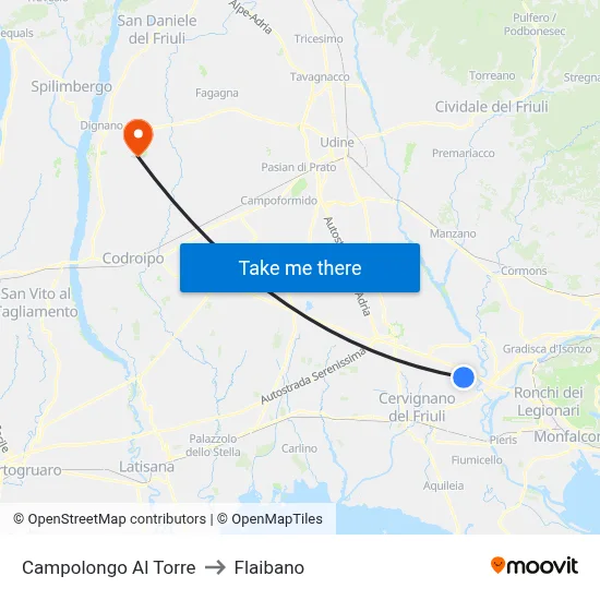 Campolongo al Torre to Flaibano map