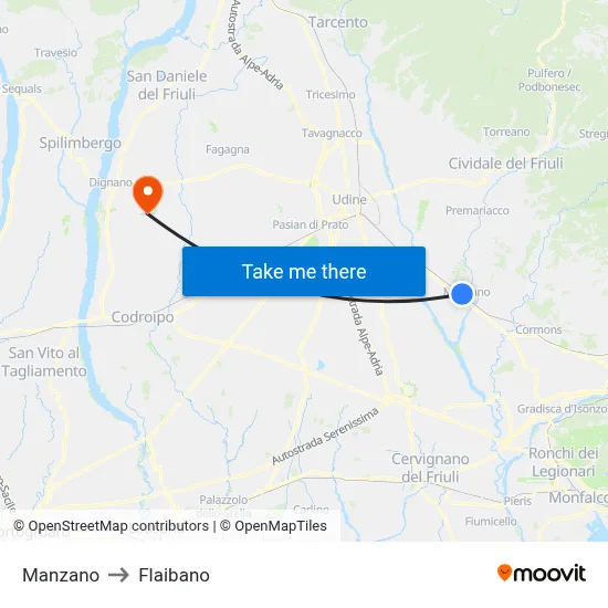 Manzano to Flaibano map