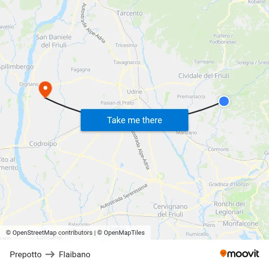 Prepotto to Flaibano map