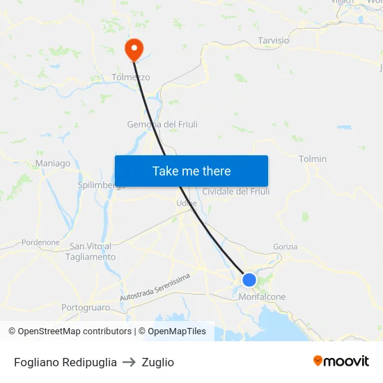 Fogliano Redipuglia to Zuglio map