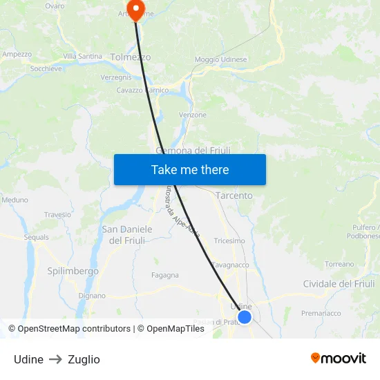 Udine to Zuglio map