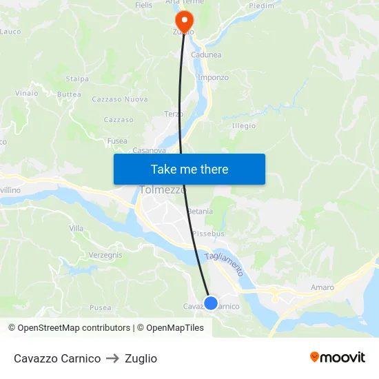 Cavazzo Carnico to Zuglio map