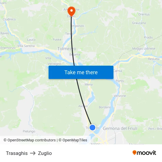 Trasaghis to Zuglio map