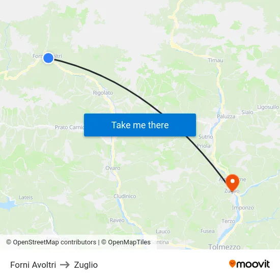 Forni Avoltri to Zuglio map