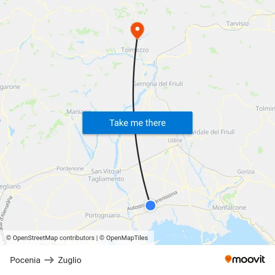 Pocenia to Zuglio map