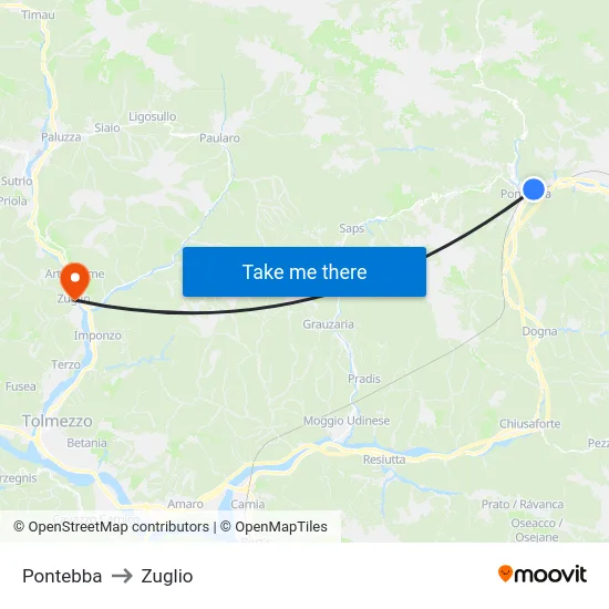 Pontebba to Zuglio map