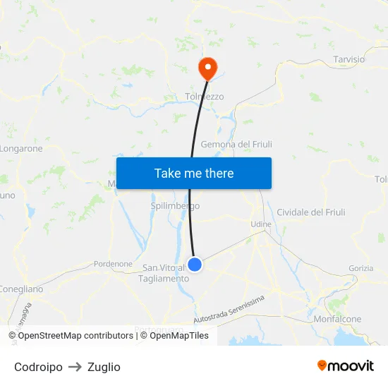 Codroipo to Zuglio map