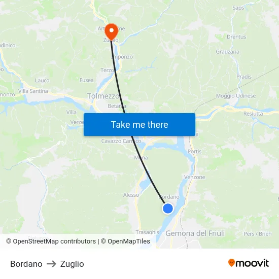 Bordano to Zuglio map