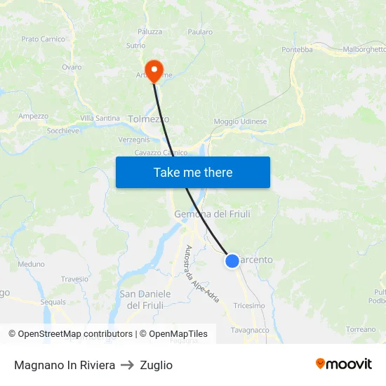 Magnano In Riviera to Zuglio map