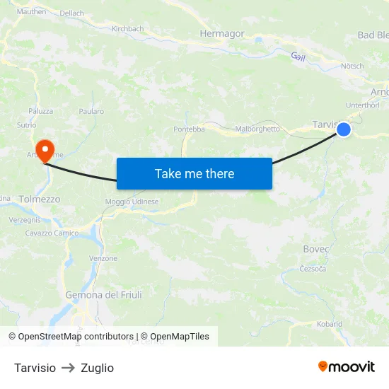 Tarvisio to Zuglio map