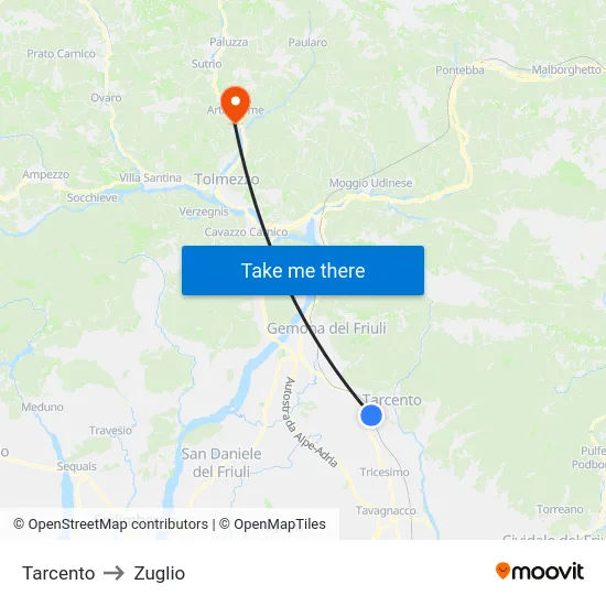 Tarcento to Zuglio map