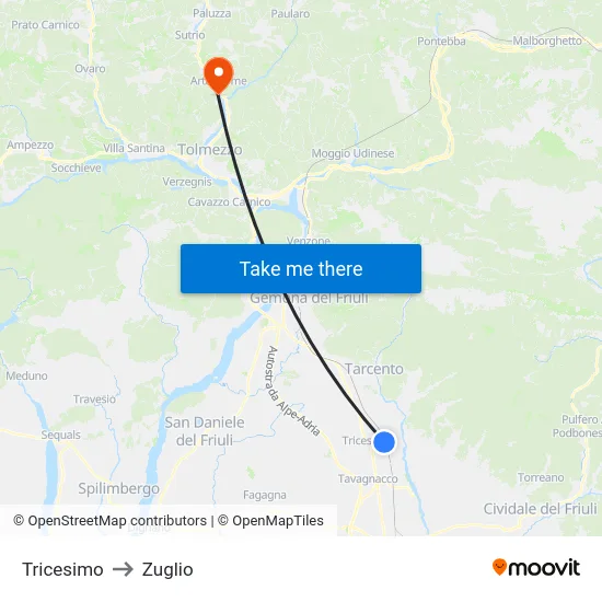 Tricesimo to Zuglio map