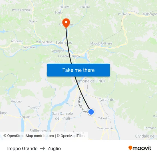 Treppo Grande to Zuglio map