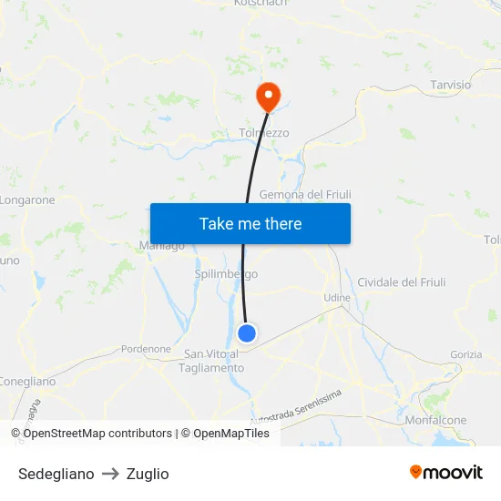 Sedegliano to Zuglio map