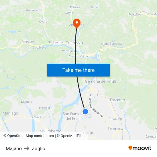 Majano to Zuglio map