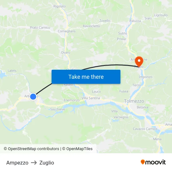 Ampezzo to Zuglio map