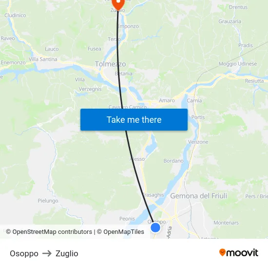 Osoppo to Zuglio map