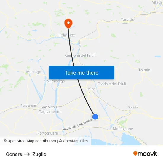 Gonars to Zuglio map