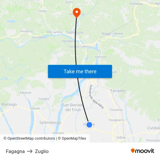 Fagagna to Zuglio map