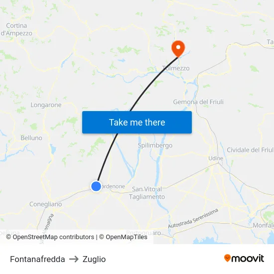 Fontanafredda to Zuglio map