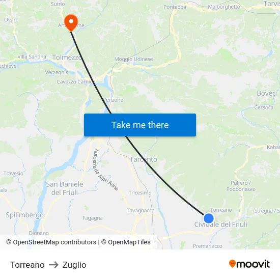 Torreano to Zuglio map