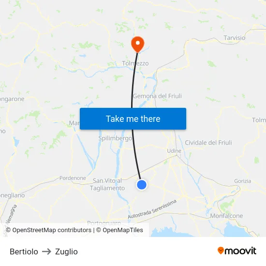 Bertiolo to Zuglio map