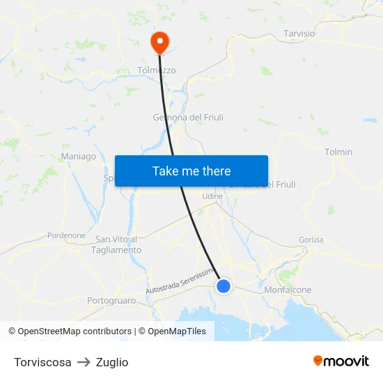 Torviscosa to Zuglio map